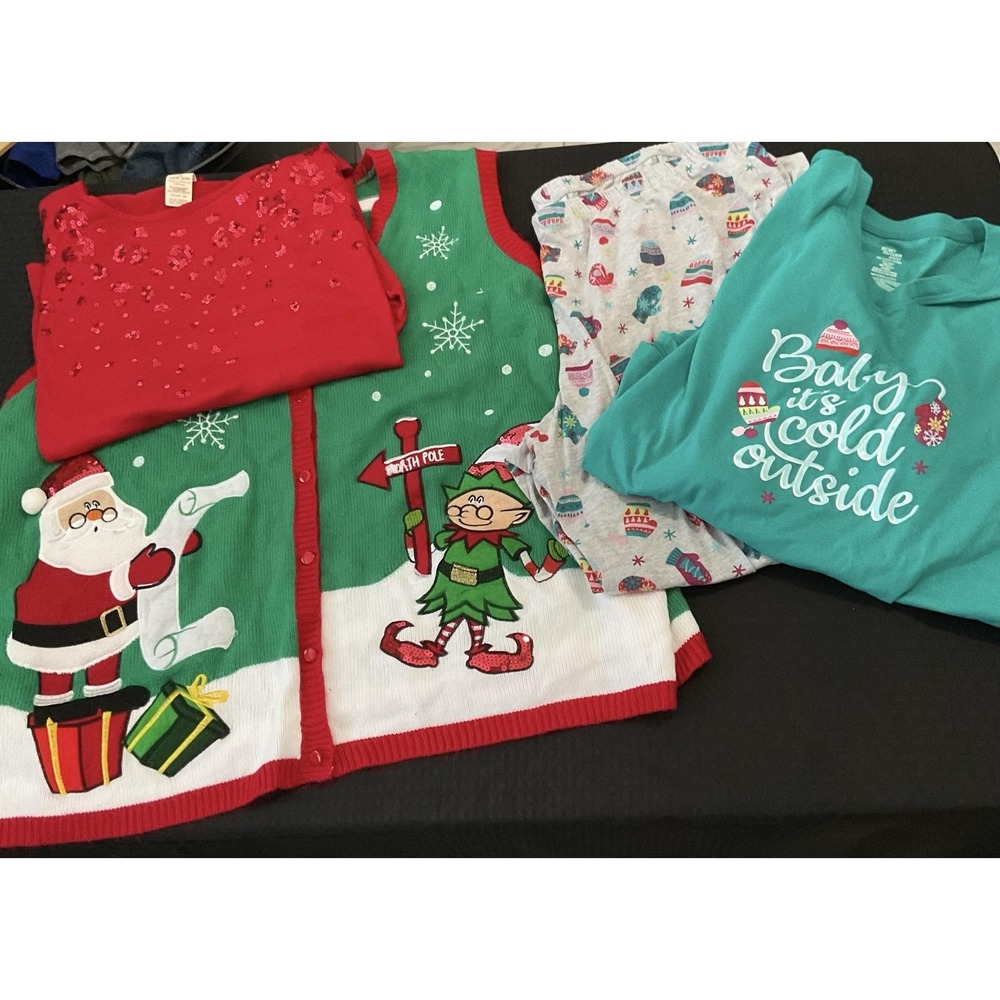 Womens 2X Christmas Lot Teal PJs Christmas Vest Winter Long Sleeve Sparkles